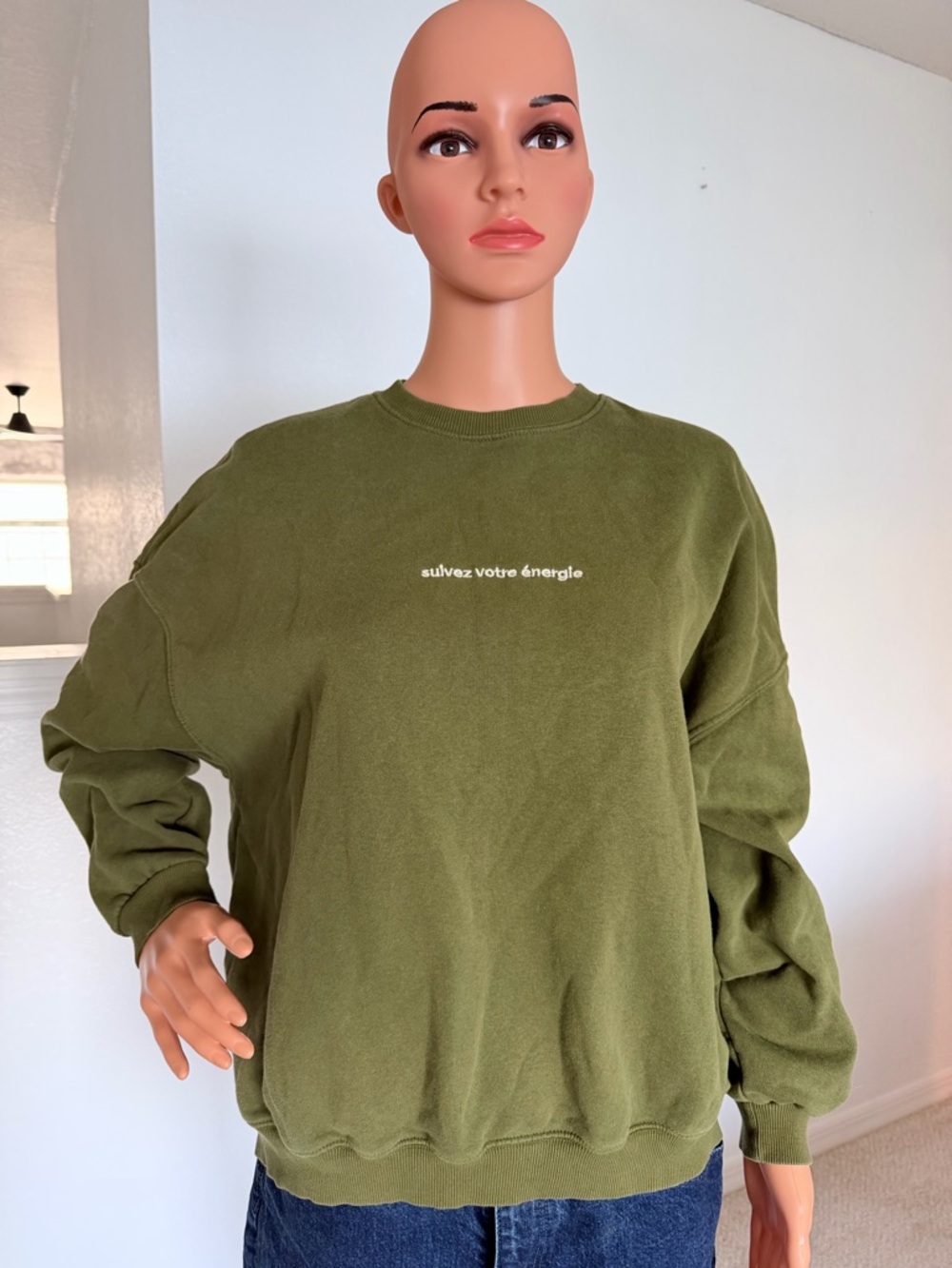 Pull&Bear Olive Green Crewneck Sweatshirt with White Script